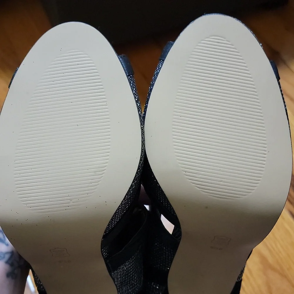 Caparros Black Open Toe Silver Glitter Sandals Heels Booties sz 9.5